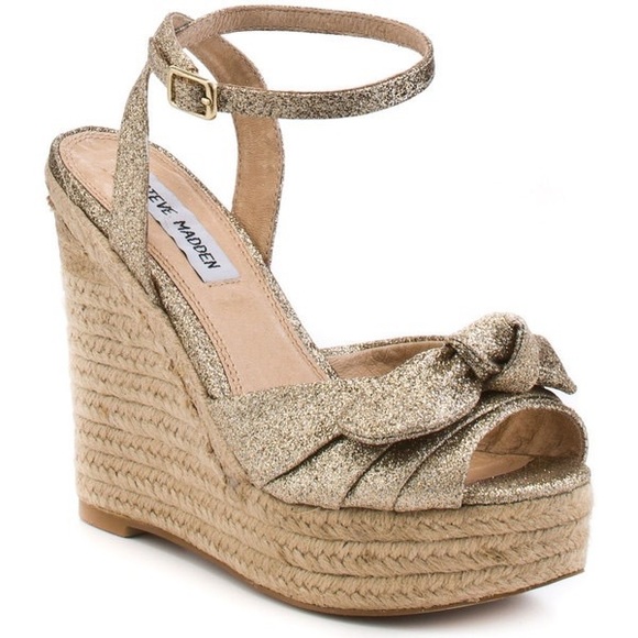 Steve Madden Gold Glisen Glitter Espadrille Wedge Sandals | Size 10 - Picture 5 of 10